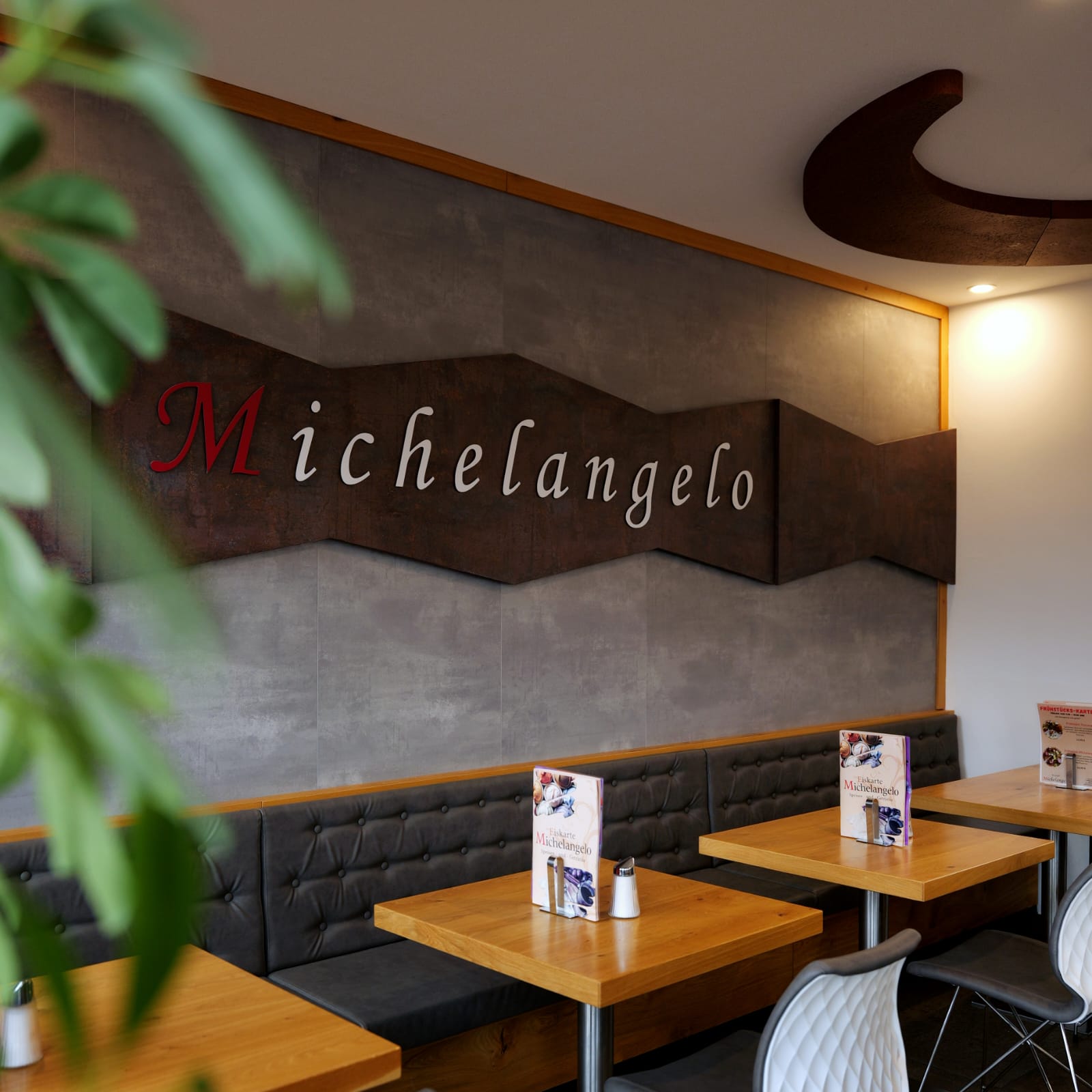 Innenraum Eiscaf&eacute; Michelangelo mit Michelangelo Schriftzug